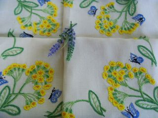 Vintage Hand Embroidered Tablecloth Gorgeous Raised Primulas & Butterflies