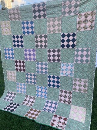 Vintage Hand Quilted Feedsack Fabric Amish Nine Patch On Point Quilt