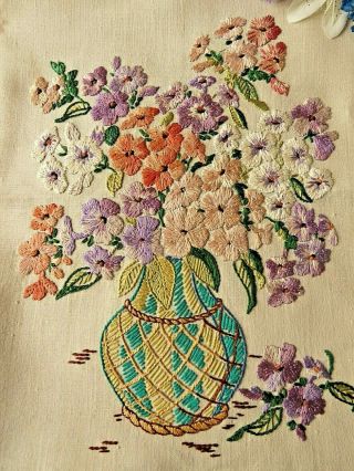 Vintage Hand Embroidered Picture Panel / Stunning Vase Of Flowers