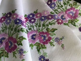 Gorgeous Vintage Irish Linen Hand Embroidered Tablecloth Lovely Floral Displays