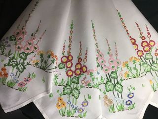 Stunning Large Vintage Linen Hand Embroidered Tablecloth Hollyhocks/garden Flora