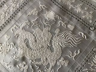 Exquisite Antique Pina Linen Tablecloth Hand Embroidered Whitework Dragon/flora