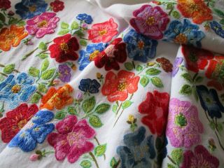 Vintage Hand Embroidered Tablecloth - Bright Floral 
