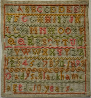 Small Late 19th Century Alphabet Sampler By Gladys Blackham Aged 10 - 1899
