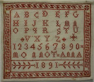 Small Late 19th Century Red Stitch Work French Sampler By Anna Monnot - 1891