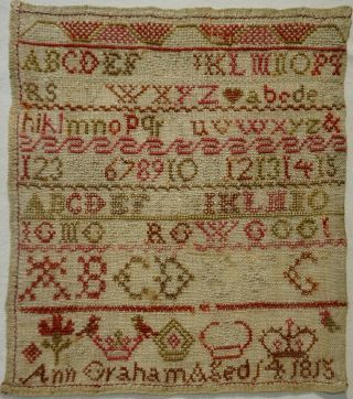 Small Early 19th Century Alphabet & Motif Sampler By Ann Graham Aged 14 - 1815
