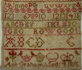 SMALL EARLY 19TH CENTURY ALPHABET & MOTIF SAMPLER BY ANN GRAHAM AGED 14 - 1815 3