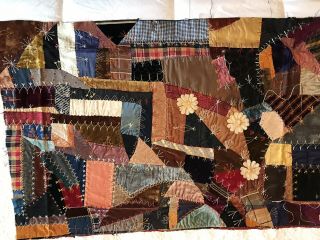 Antique Crazy Quilt Piece Hand Stitched Bright Colors 40x27 Embroidered