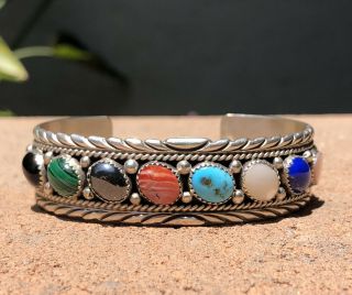 Vtg Navajo Native American Sterling Silver Multi Gemstone Stamped Cuff Bracelet
