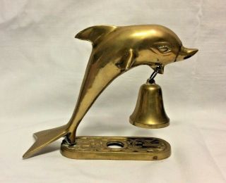 Vintage Solid Brass Dolphin With Bell Figurine Paperweight Pedestal Base