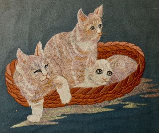 Antique Victorian Wool Embroidery Cats In A Basket Kittens