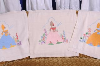 3 X Vintage Deco Old Stock Hand Embroidered Cushion Cover Crinoline Lady.