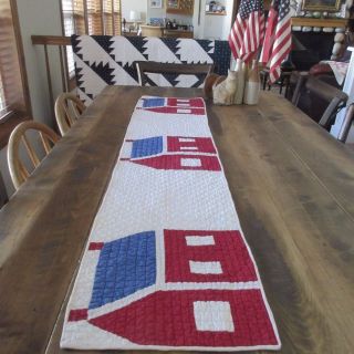 Patriotic Americana Vintage 30s Schoolhouse Quilt Runner 58x12 Red White Blue