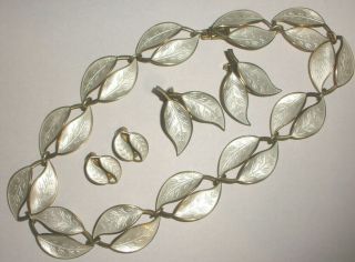 Vintage David Andersen Norway Sterling Silver Enamel Leaf Necklace Earrings Set