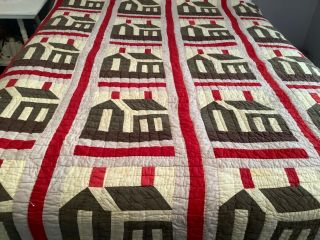 Antique Cotton Hand Pieced & Quilted Log Cabin,  House,  School Block Quilt