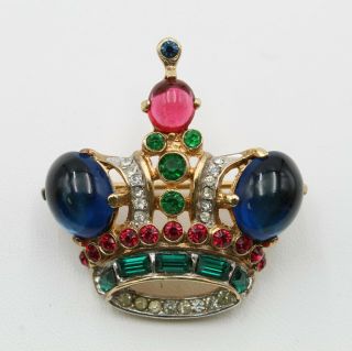 Vintage Trifari Small Vermeil Sterling Silver Crown Brooch With Cabochons 8353
