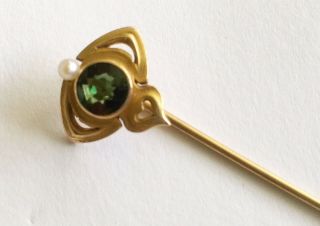 Antique Art Nouveau 14k Signed Krementz Stick Pin,  Peridot & Pearl