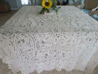 Vintage Ecru Banquet Tape Lace Tablecloth 58 " X 104 " Battenburg Brussels Lace