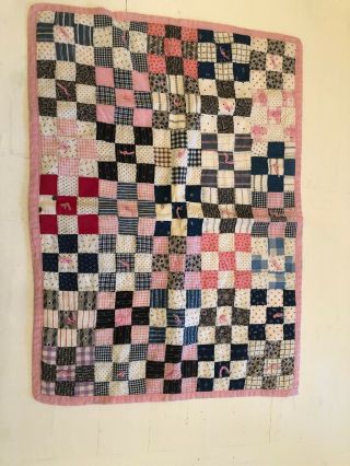 Antique 19th Century 9 - Patch Miniature / Doll Quilt Blues And Pinks