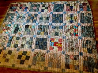 1930 - 40’s Handmade Hand Stitched Nine Patch Cotton Quilt - Not Perfect But Pretty