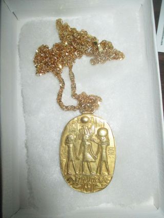 Vintage Mma Egyptian Revival Gold Scarab King Tut Cartouche Pendant Necklace