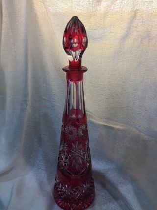 Vintage Bohemian Cranberry To Clear Cut Glass Decanter & Stopper Gorgeous