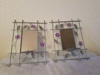 Vtg Decorative Floral With Mirrors Metal Wall Hanging Candle Holding Gray Purple