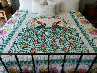 Vintage 1950s? Full Size Chenille Double Peacock Bedspread 90 X 97