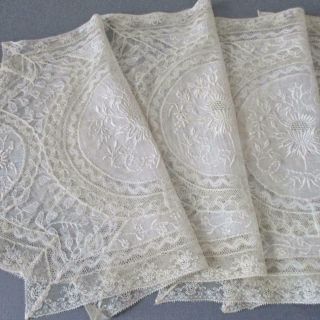 8 Antique Creamy French Normandy Lace 16 " Centerpiece Mats W Embroidered Flowers