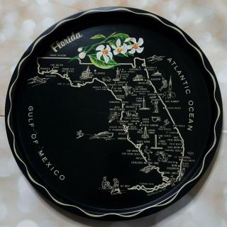 Vintage Round Black& Gold - Florida State Souvenir - Tin Tray Plate - 11 Inches