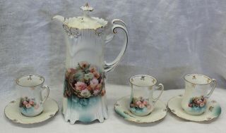 Vintage Rs Prussia Hot Cocoa Tea Coffe Set,  Roses,  Floral,  3 Cups & Covered Pot