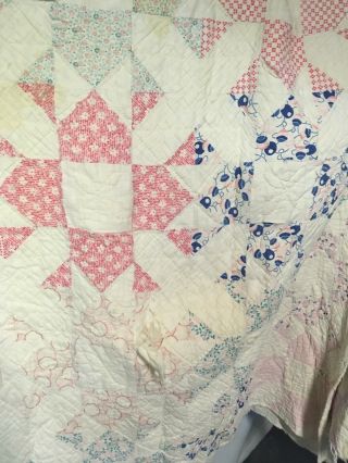 Old Antique Hand Made Quilt Blue Red Floral Cutter Late 1800s 84 " X72 " Damage