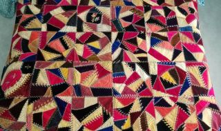 Antique All Velvet Victorian Crazy Quilt Embroidered,  68” X 68 ",  Jewel Tones