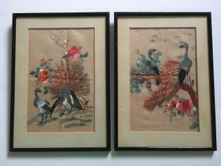 Shabby Chic Vintage Oriental Silk Embroidery Pictures Birds Flowers Framed