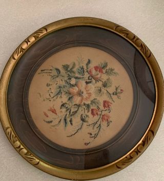 Antique Needlepoint Petit Point Flowers In Victorian Frame Round 12 "