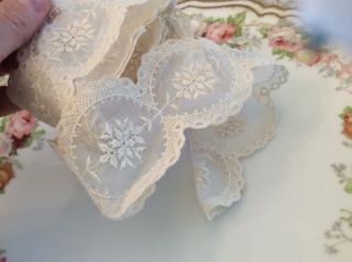 Vtg Antique Hand Embroidered Net Lace Ribbon Scalloped Victorian 85”