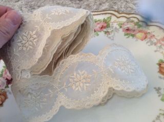 Vtg Antique Hand Embroidered Net Lace Ribbon Scalloped Victorian 85” 2