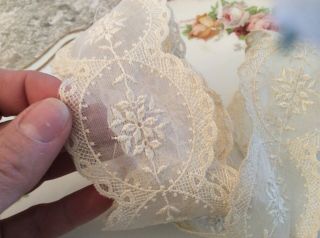 Vtg Antique Hand Embroidered Net Lace Ribbon Scalloped Victorian 85” 3