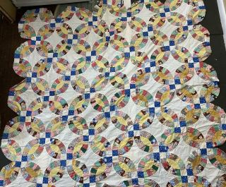 Vintage Hand Sewn Wedding Ring Quilt - Partially Finished 82”x86”