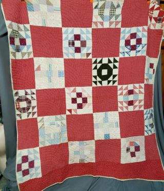 Antique 19th C Turkey Red & White Goose In The Pond Primitive Patch Quilt