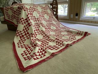 Antique Red And White Ocean Waves Cutter Quilt.