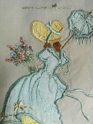 Vintage 1930s Silk Embroidered Applique Crinoline Lady Panel Garden Floral