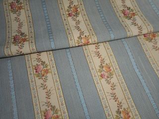 Antique French Lisere Floral Stripe Brocade Jacquard Fabric Blue
