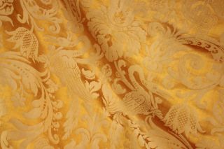 Curtain Antique French Golden Silk Damask Drape W/ Fringe Trim Shimmering Fabric