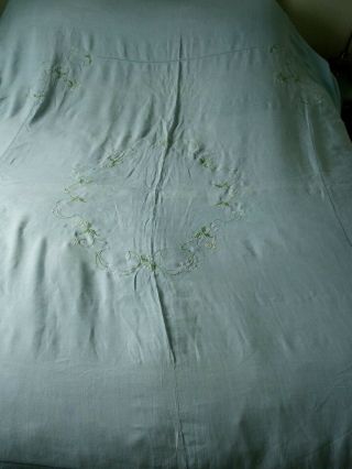 Vintage Irish Blue Linen Hand Embroidered Double Bed Cover Large