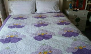 Vintage Handmade Purple Gold & White Cotton Fabric Queen Size Quilt 88 " By 70 "