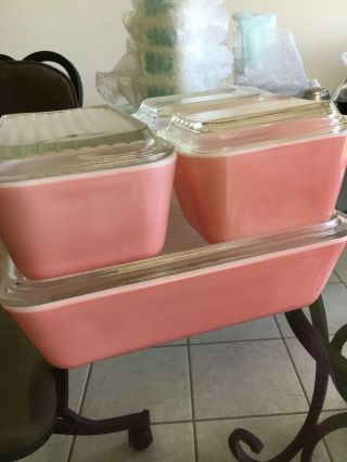 Vintage Pyrex Pink Refrigerator Dishes 8 Piece Set W/1 Gooseberry No Chips Exc