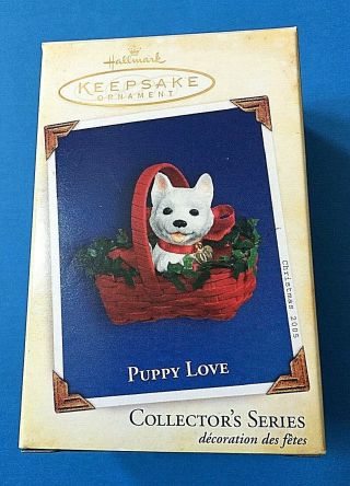 Hallmark " Puppy Love " Dog In A Basket Ornament 2005