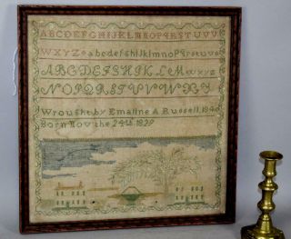 Rare Dated 1840 Bath,  Maine Needlework Sampler By Emaline A Russell Born In 1829