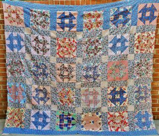 Vintage Feed Sack Cotton Fabric Quilt Top Greek Square Block,  76 " X 83 " 1930 